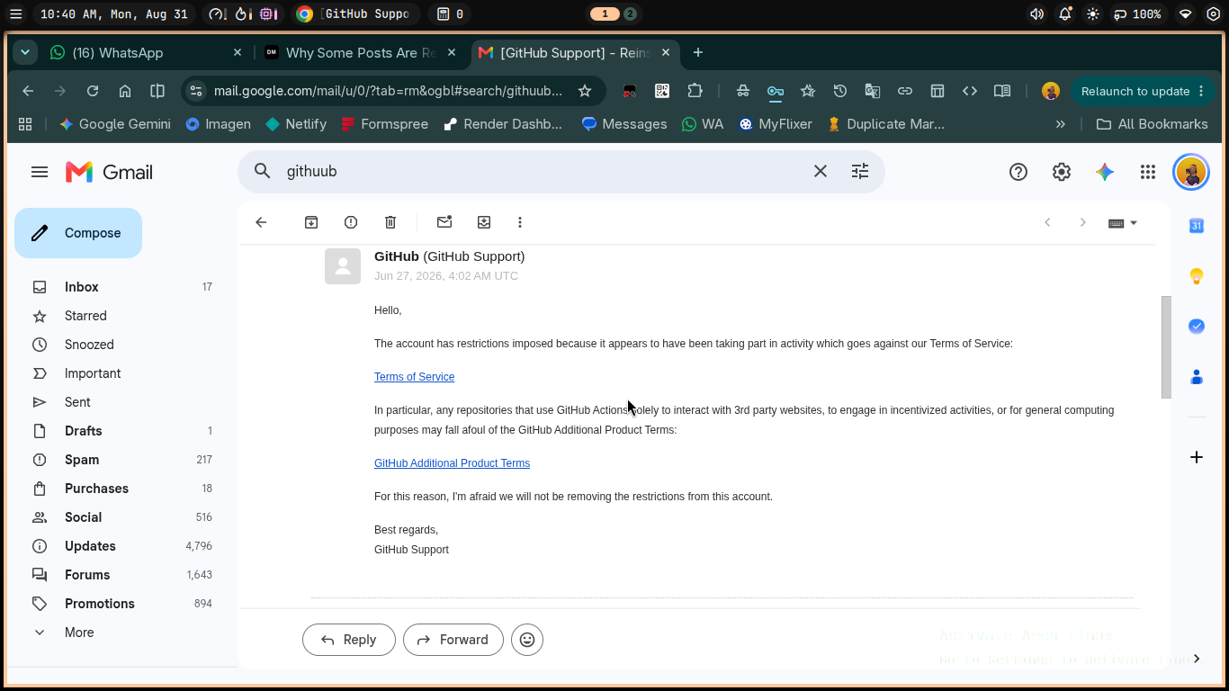 GitHub Support Email - Notice of Account Restrictions